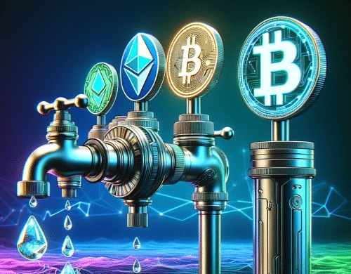 a tap with crypto logos