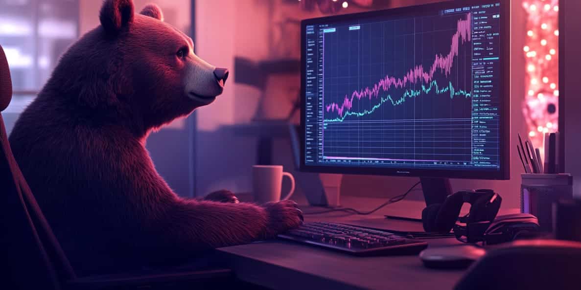 a bear looking at a trading chart