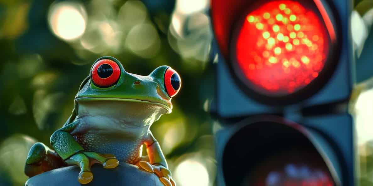 a frog standing in front of a red traffic light