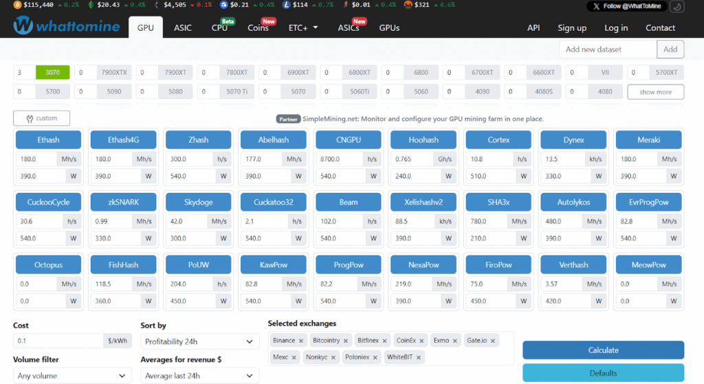 WhatToMine Review: An In-Depth Guide to the Crypto Mining Profitability Calculator Screenshot of the WhatToMine web interface (GPU tab)