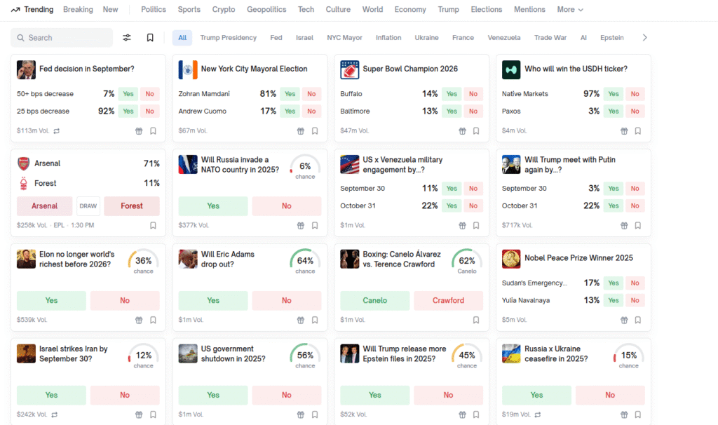 Polymarket Eyes $9 Billion Valuation as Prediction Markets Go Mainstream Polymarket home screen