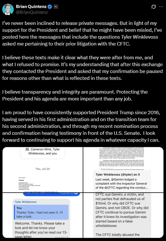 Brian Quintenz Nomination Pulled as CFTC Remains Without a Leader Private messages between Quintenz and Gemini founders over CTFT case