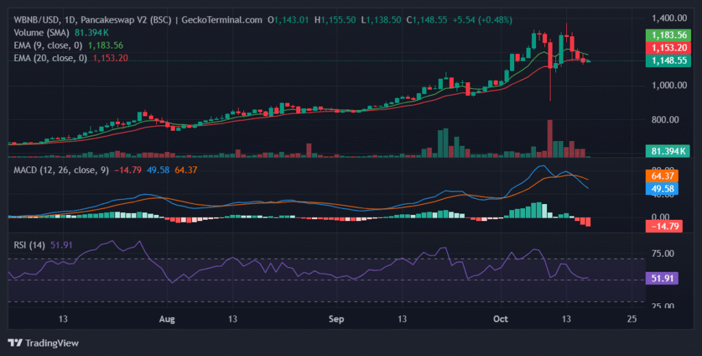 BNB Bears Linger as Support Zones Tighten Around $1,140 Daily chart for BNB/USD