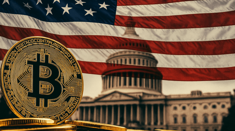 bitcoin in front of US flag
