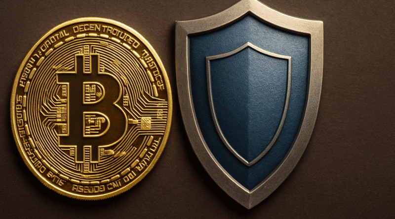 bitcoin next to a shield