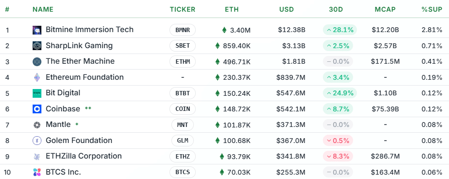Top 10 largest corporate ETH holders
