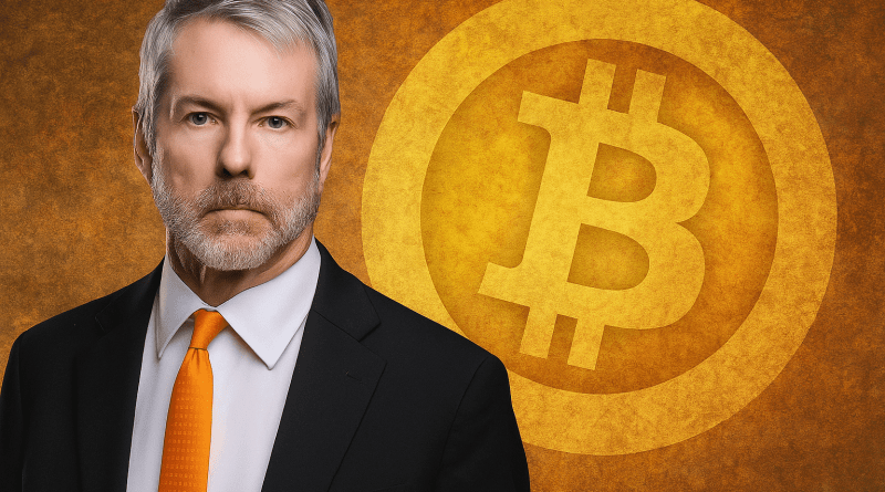 michael saylor in a suit with a bitcoin background