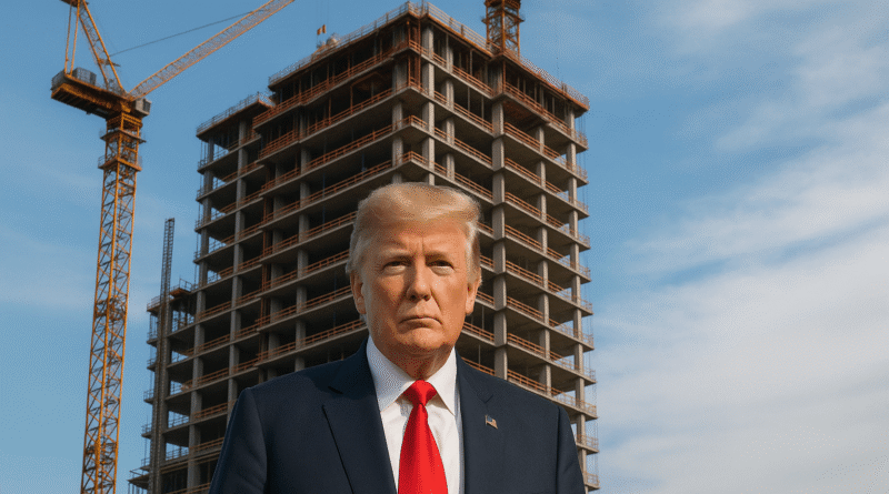 Trump Partners With Dar Global on First-of-Its-Kind Tokenized Hotel Development Donald Trump in front of a skyscraper
