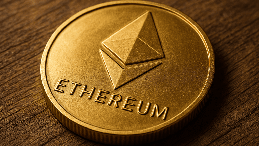 Ethereum token on a wooden table