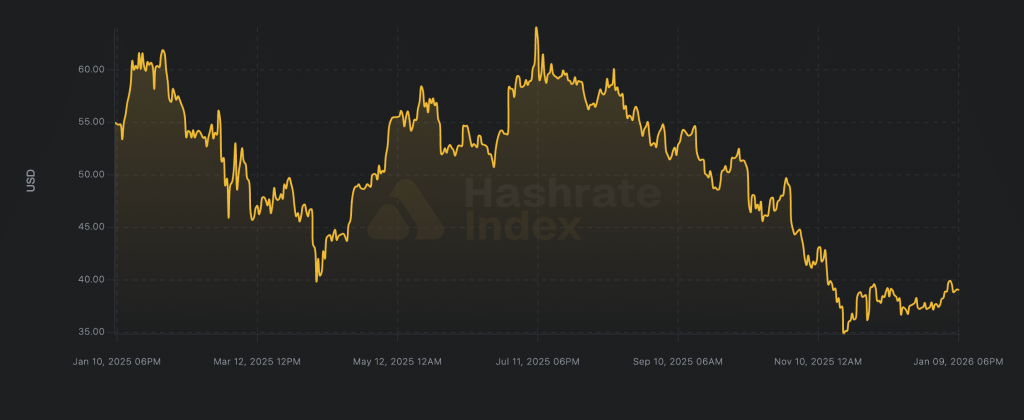 Miner hash price over a 1-year period